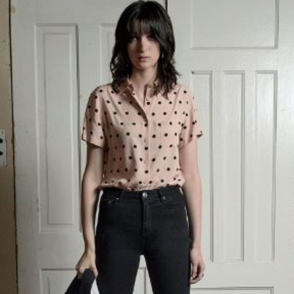 Straight to Hell Punk Pink & Black Polka Dot Short Sleeve Blouse, M, EUC